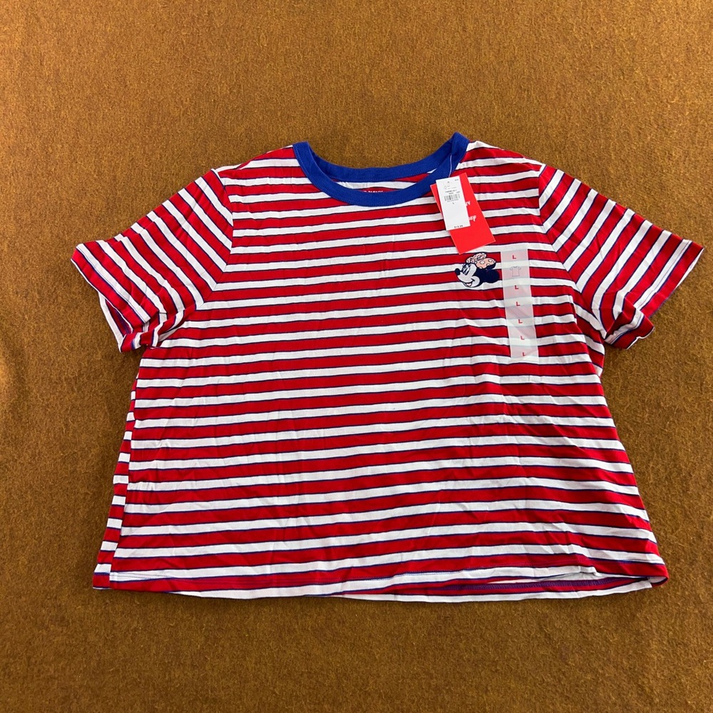 Old Navy Womens Large Red Striped Minnie Mouse Graphic Short Sleeve T-Shirt NWT